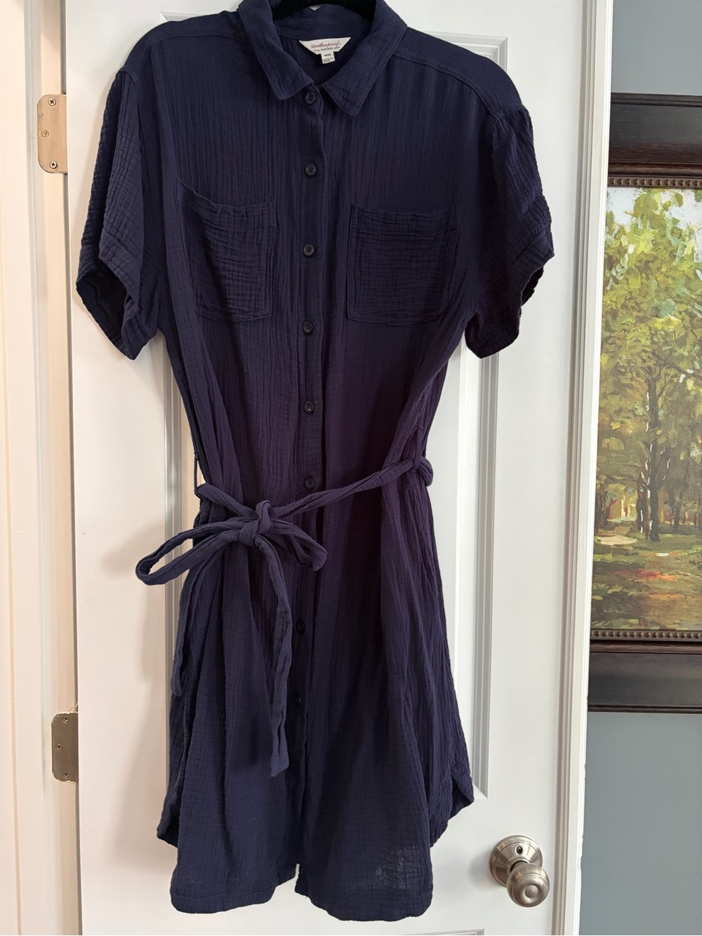 Weatherproof Vintage Navy Button-Down linen Shirt Dress with Tie Waist